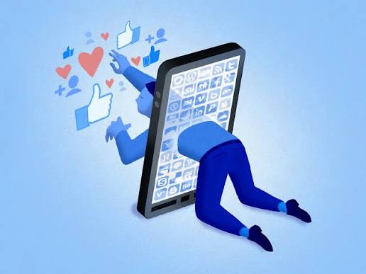 Illustration of a person merging into a phone screen surrounded by likes and notifications