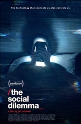 The Social Dilemma Sundance poster, a man lit by his phone screen in the dark